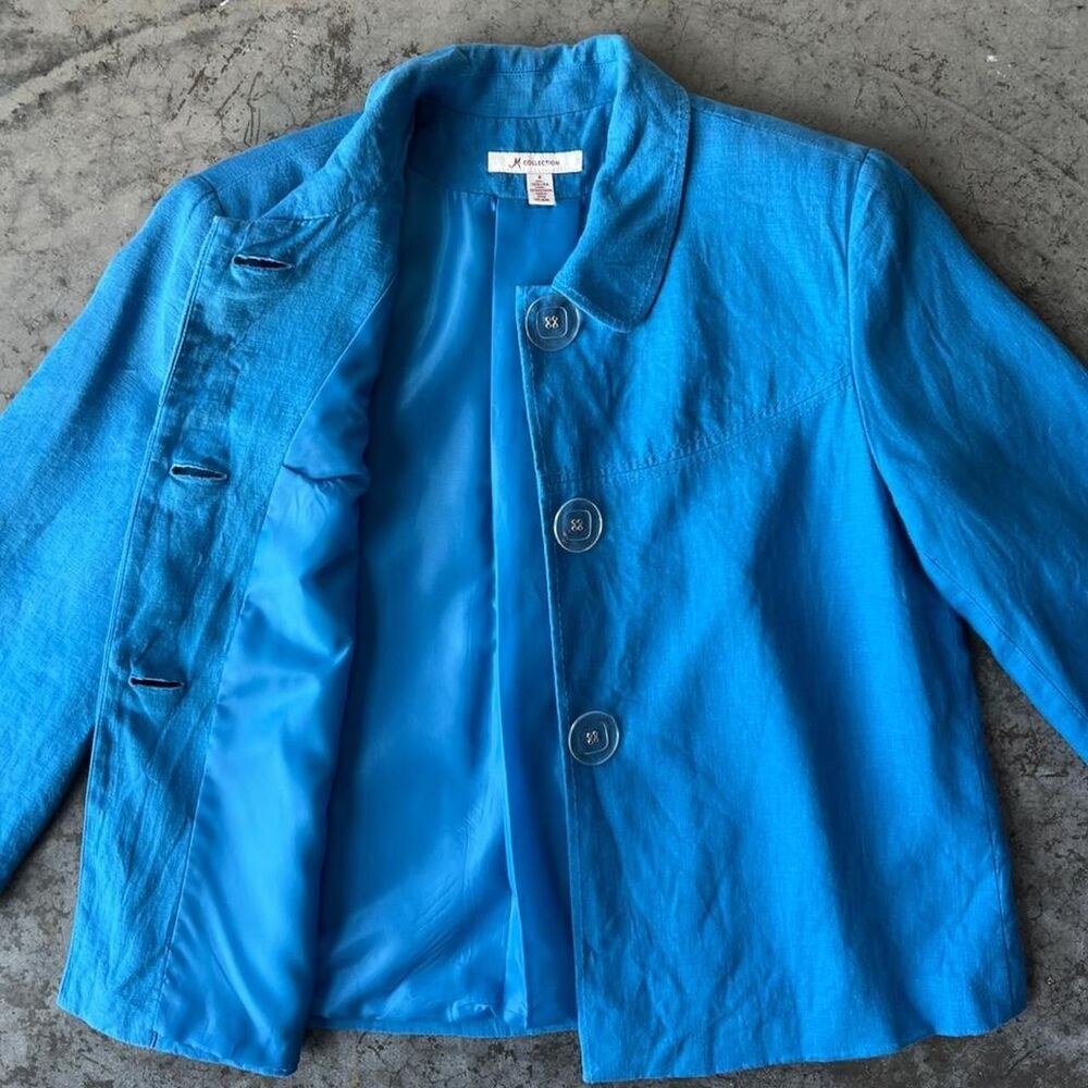 JM Collection Blue 100% Linen Button Up Jacket Blazer Top Clear Buttons Womens 8 - Picture 5 of 8